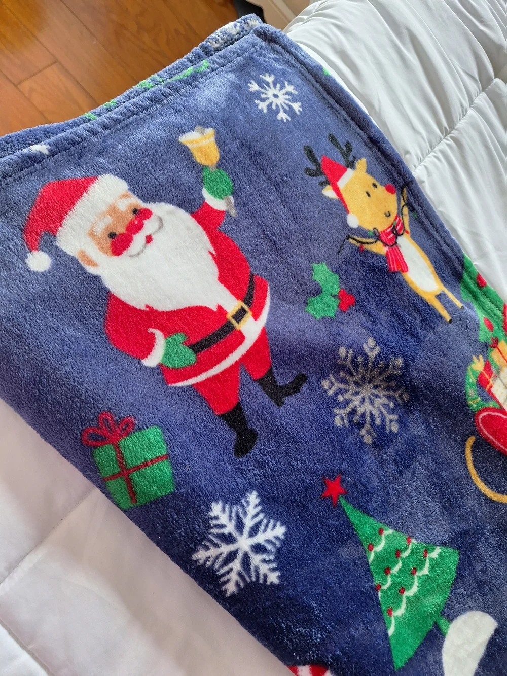 Christmas Santa & Reindeer Plush Throw Blanket - Navy Blue